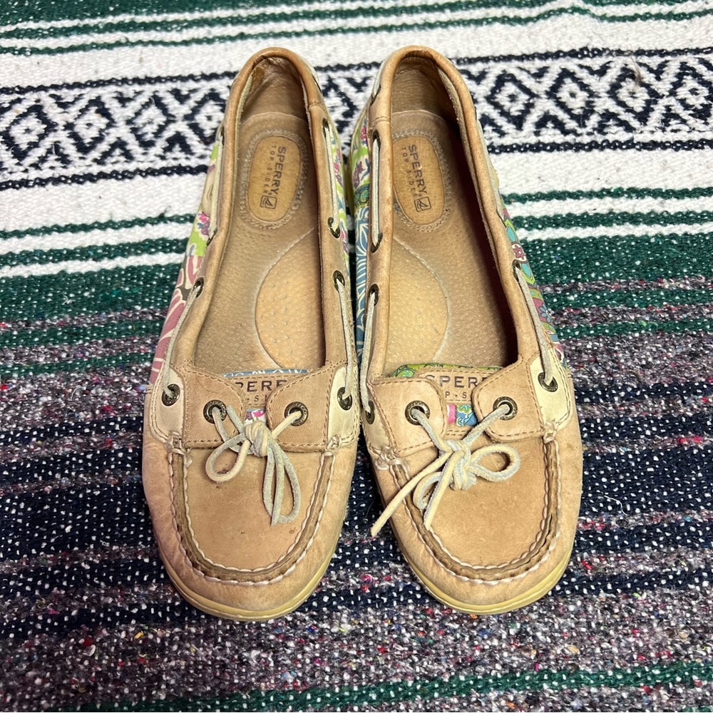 Sperry Tan Floral Canvas Boat Shoes Flats